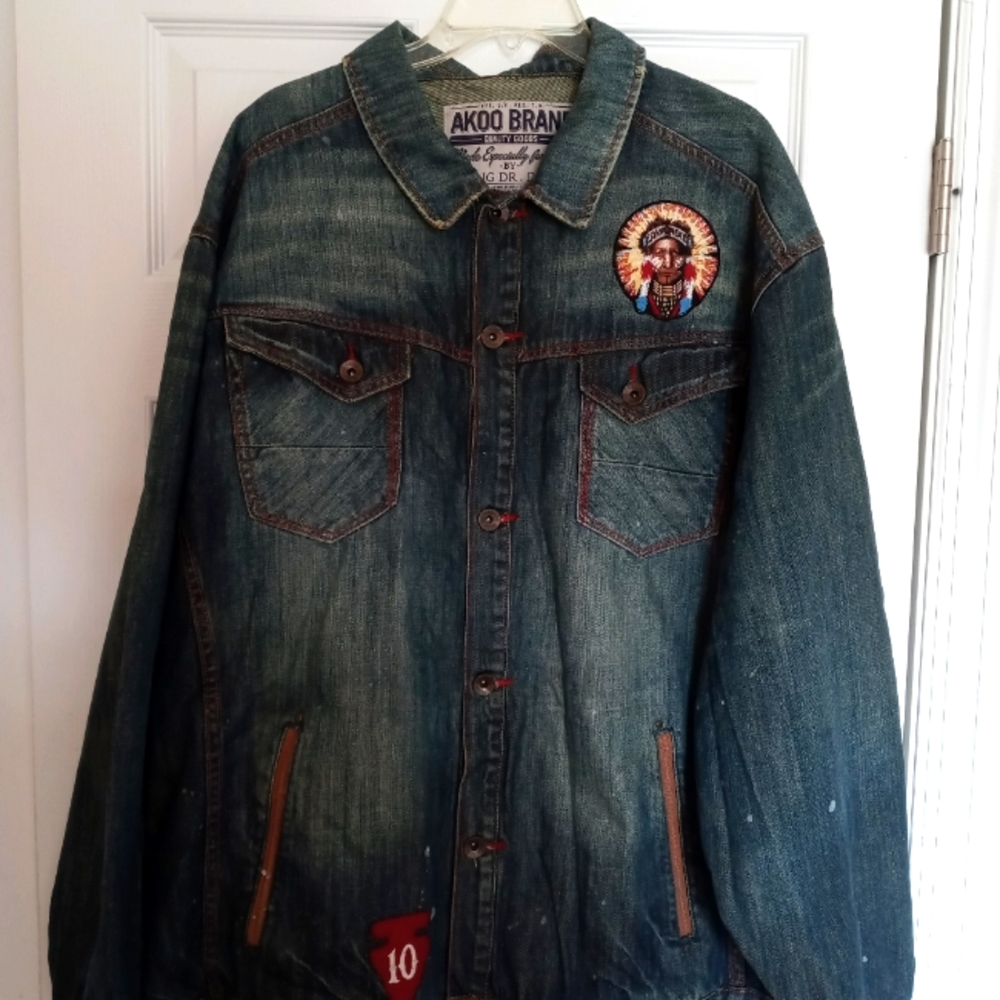 Akoo 4xl men's denim jacket tan/denim/ burgundy